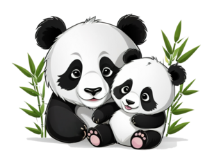 Cute cartoon panda couple with bamboo leaves. Vector illustration. isolated background