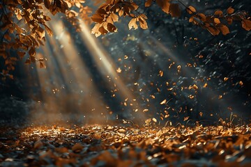 A forest floor covered in autumn leaves, with rays of sunlight