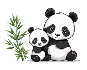 Fototapeta premium Cute cartoon panda couple with bamboo leaves. Vector illustration. isolated background