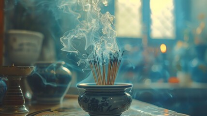 Incense sticks smoldering with smoke in a tranquil setting