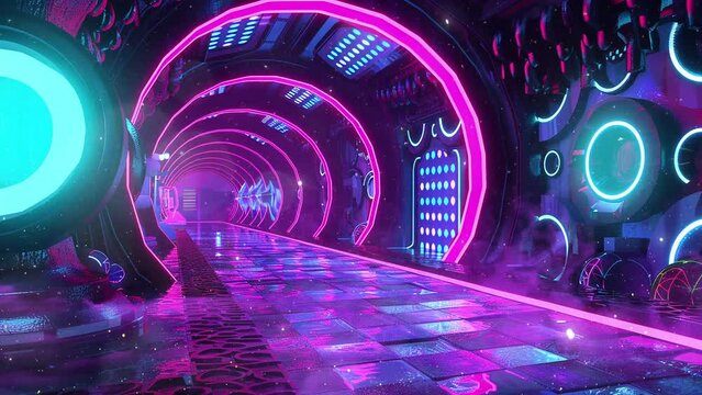 surreal neon tunnel design background. futuristic neon labyrinth expedition step. seamless looping overlay 4k virtual video animation background