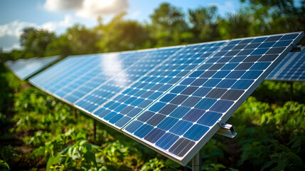 Solar panels installed in green fields under a sunny sky. Sustainable energy and environmental conservation concept for renewable resources