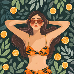 Illustration of a woman in a floral bikini surrounded by greenery and oranges.