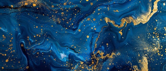 An abstract background with blue gold marbling, a creative liquid paint texture, decorated with gold foil and glitter, a painted marbled surface, and an illustration of fashion marbling. - obrazy, fototapety, plakaty