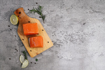 Top View of Fresh Salmon Slice on Cutting Board