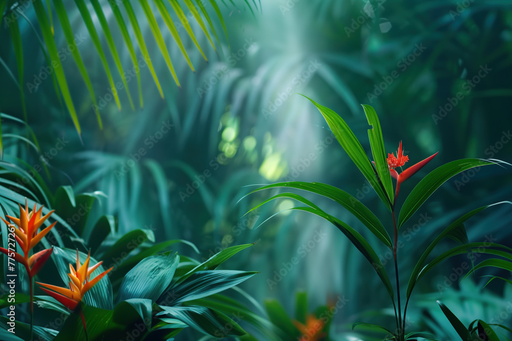 Aufkleber palm tree leaves and flowers framing a tropical scenery. slide background image. created with genera
