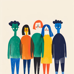 Colorful illustration of four diverse, stylized people standing together with a textured look.