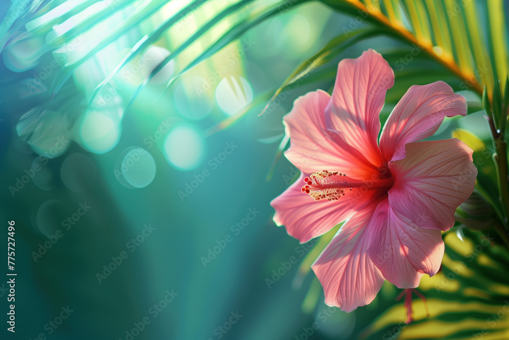 Poster palm tree leaves and flowers framing a tropical scenery. slide background image. created with genera