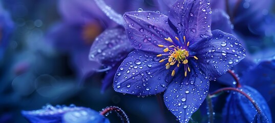A captivating violet-blue and purple flower with vibrant yellow stamens in full bloom, showcased in...
