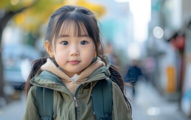 Fototapeta premium A young girl wearing a green jacket and a backpack is standing on a sidewalk. She has her hair in pigtails and is looking at the camera