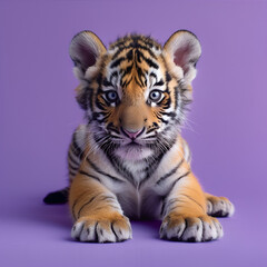 A cute tiger cub looking directly at the camera on a purple background.