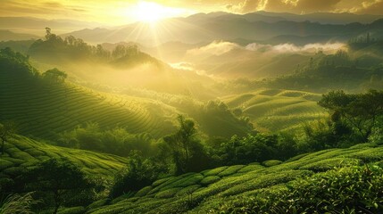 the equinox, where golden sunlight dances across verdant landscapes, inviting contemplation and relaxation over a steaming cup of tea. - obrazy, fototapety, plakaty