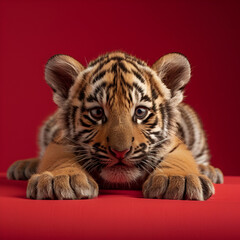 A close-up of a cute tiger cub lying down against a red background, with a focused gaze.