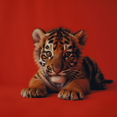 Fototapeta premium Close-up of a cute tiger cub lying down against a red background with a focused, inquisitive look.