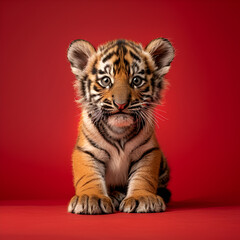 Obraz premium A cute tiger cub sits against a solid red background, gazing forward with a curious expression.