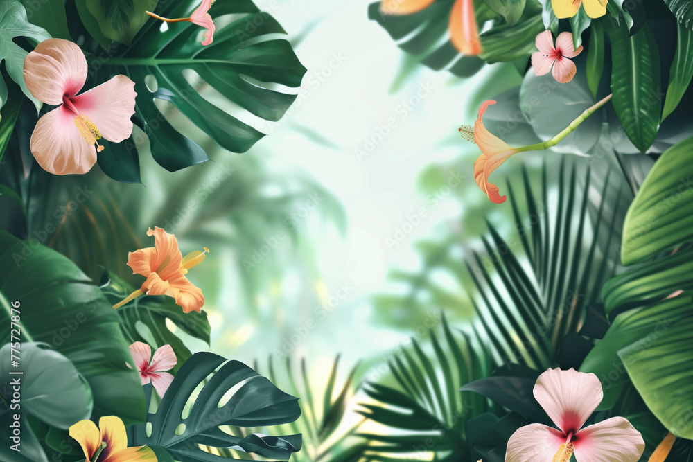 Aufkleber palm tree leaves and flowers framing a tropical scenery. slide background image. created with genera