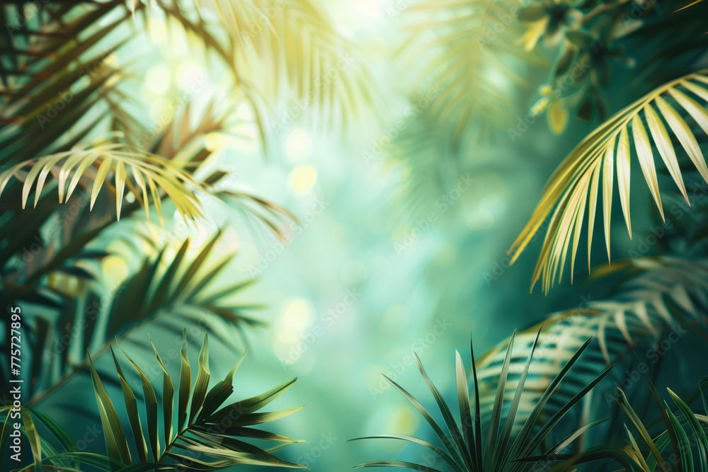 Poster palm tree leaves framing a tropical scenery. slide background image. created with generative ai tech