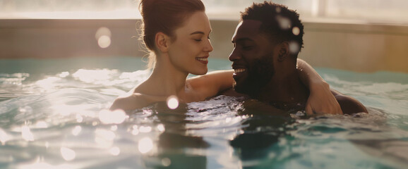 Lifestyle portrait of attractive interracial couple on honeymoon vacation relaxing in hot tub pool...