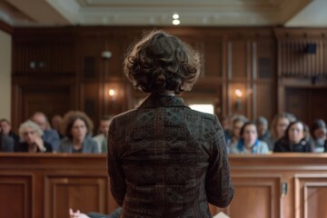A woman stands confidently as she faces a crowd in a wooden furnished courtroom, representing law, justice, and professionalism. - obrazy, fototapety, plakaty