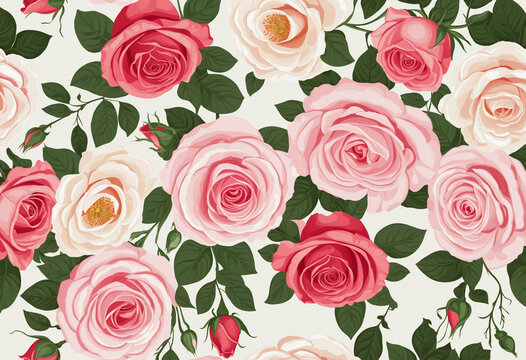 Beautiful rose flowers on white background, copy space, top view bright colors illustration
