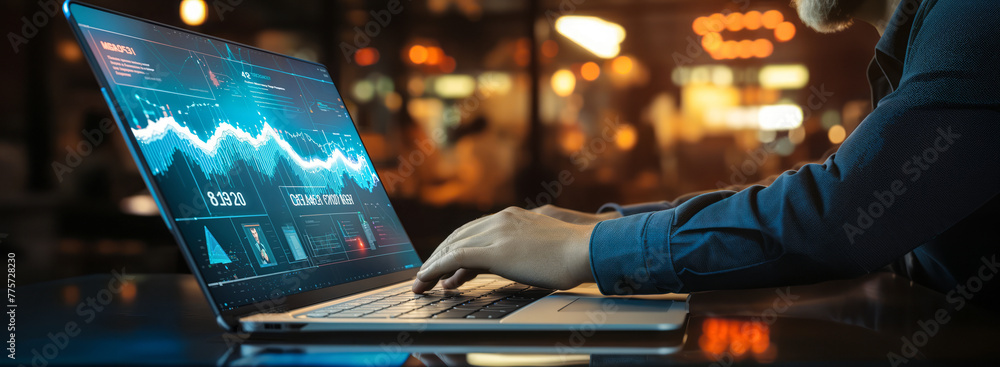 Poster digital marketing expert analyzing data and performance metrics on laptop with futuristic interface 