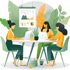 Fototapeta premium Illustration of three women collaborating in an office setting with laptops and infographic chart.