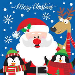 Christmas card design with cute santa, penguin and reindeer