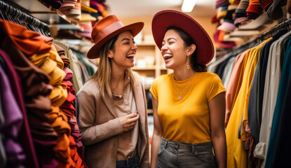 Joyful lesbian couple trying on colorful hats and laughing together while enjoying a shopping spree in a boutique with a variety of clothing