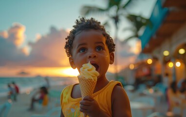 A young child is eating a yellow ice cream cone. The scene is set at a beach, with a sunset in the background. The child is the main focus of the image, and the atmosphere is relaxed and enjoyable