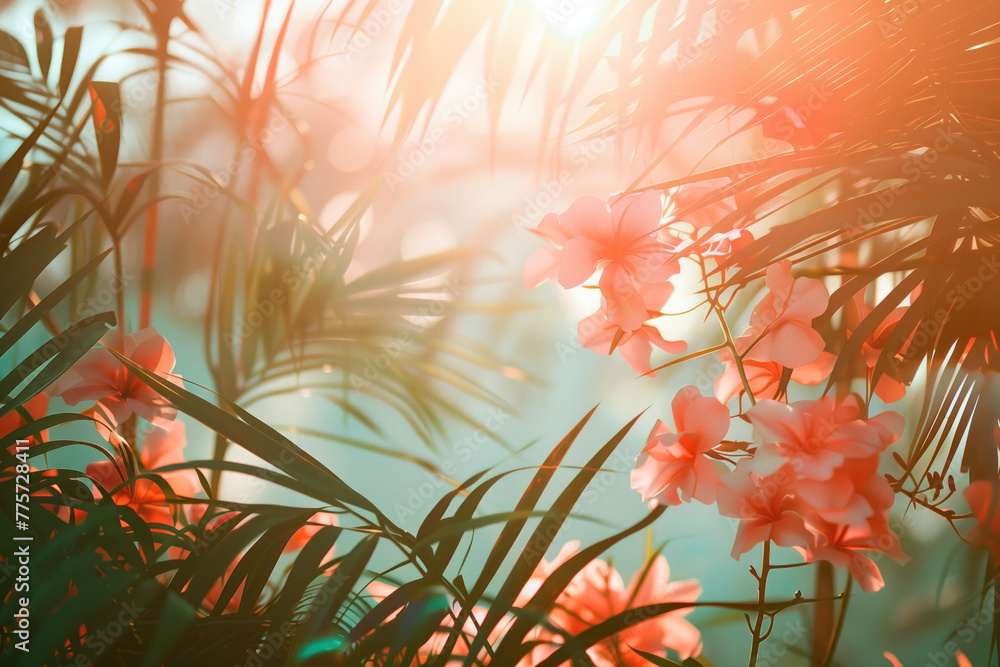 Aufkleber palm tree leaves and flowers framing a tropical scenery. slide background image. created with genera