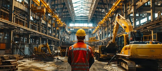 The worker is standing in the middle of an industrial factory, surrounded by various machinery and tools used for construction work
