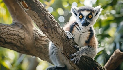 A lemur sitting gracefully on a tree branch within the confines of the zoo, striking a pose as if ready for a photograph.