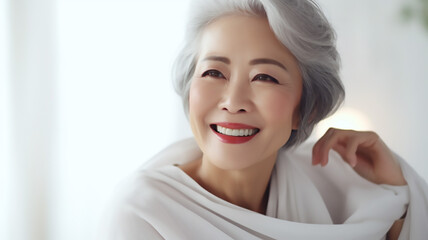 Adult asian woman with smooth healthy face skin. Beautiful aging mature woman with gray hair and happy smiling touch face. Beauty and cosmetics skincare advertising concept. AI Generative