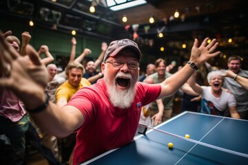 A man with a beard is actively engaged in a game of ping pong, showing focus and skill as he competes. The table tennis fans surrounding the table are watching intently