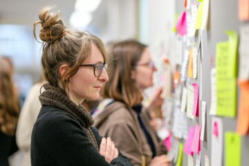 Two professionals engaged in a strategy discussion using colorful sticky notes on a board to organize thoughts and tasks.