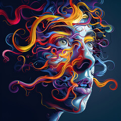 A vibrant digital artwork of a surreal face with swirling, colorful patterns on a dark background.