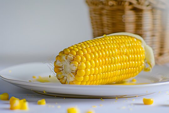 A piece of yellow corn on the cob is placed in front, with one end broken off and half cut open