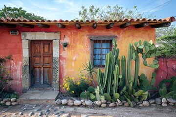 mexican style house with cactus plant in front of it