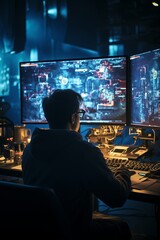 A man is seen sitting in front of two computer monitors, focused on his work. He appears engaged and concentrated as he interacts with the screens, possibly engaged in visual effects editing