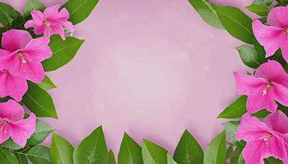 Pink bougainvillea flowers horizontal border with leaves and plants isolated on transparent background bright colors illustration - obrazy, fototapety, plakaty