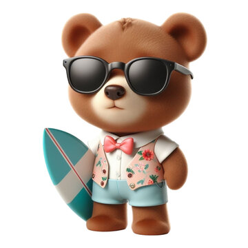 bear holding a surfboard 3D render 