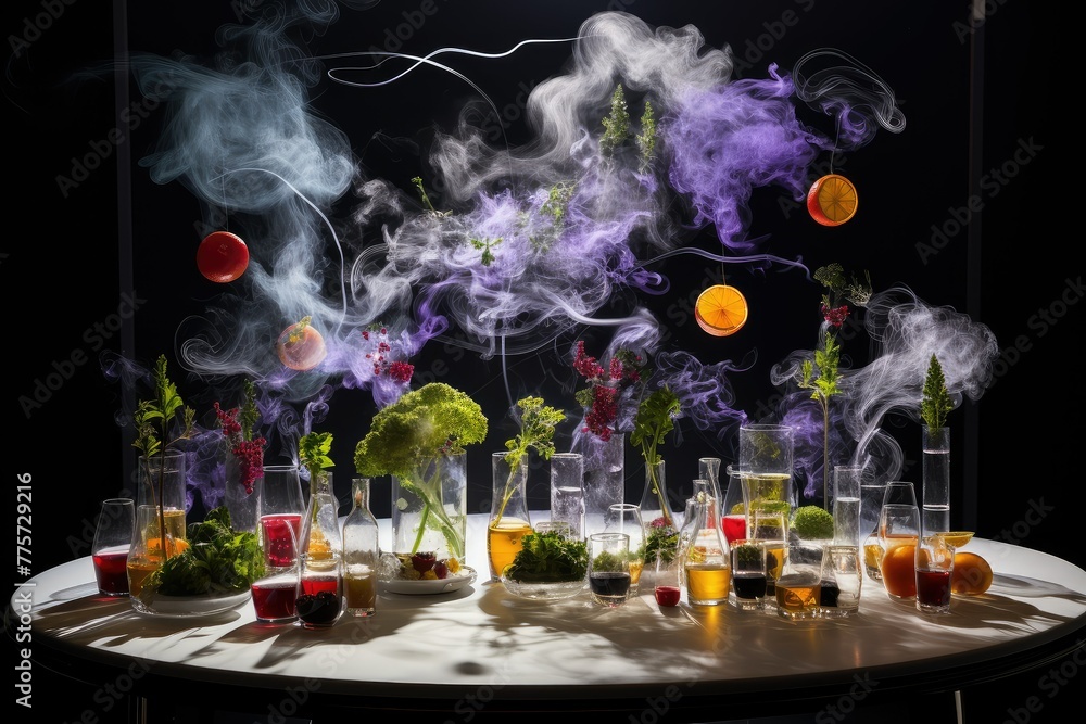 Poster a collection of bottles filled with colorful liquids sitting on a table. generative ai