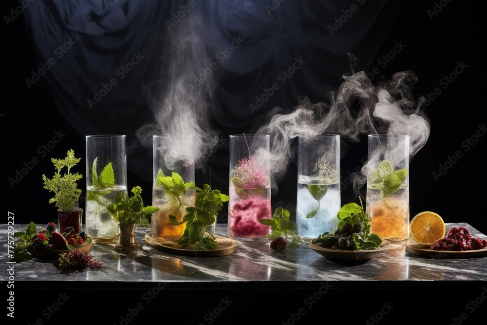 Poster several glass vases are displayed with different types of plants filling them, creating a vibrant an