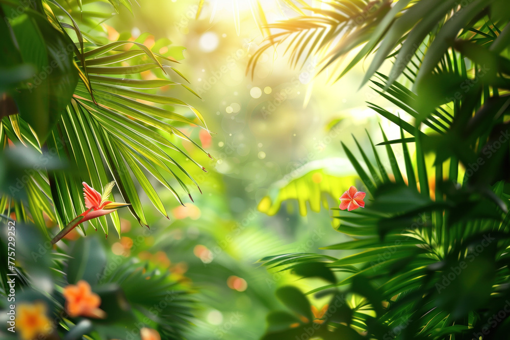 Aufkleber palm tree leaves and flowers framing a tropical scenery. slide background image. created with genera
