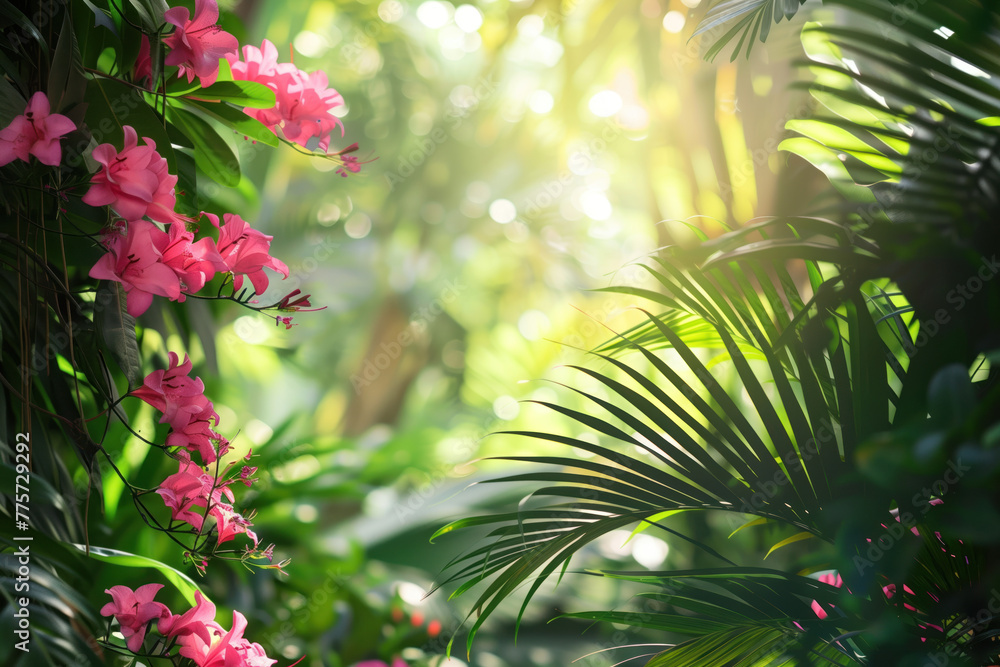 Poster palm tree leaves and flowers framing a tropical scenery. slide background image. created with genera