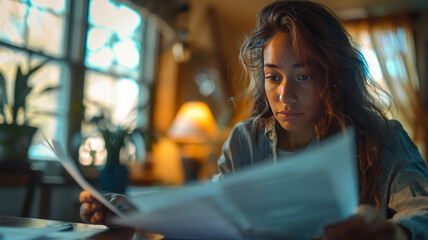 a worried female hispanic women looking over papers on a table,generative ai