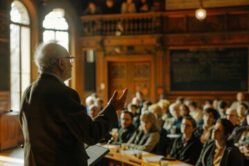 Side view of a professor presenting to a room of attentive professionals in a historic lecture hall setting, conveying expertise and knowledge.