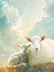 Fototapeta premium goat and sheep on islamic background with clouds and copy space - generative ai