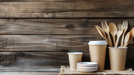 disposable paper cups, plates, and cutlery arranged on a rustic wooden background, showcasing sustainable dining options for gatherings and events. - obrazy, fototapety, plakaty
