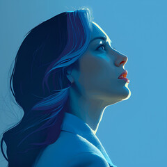 Artistic side profile of a woman gazing upwards on blue background